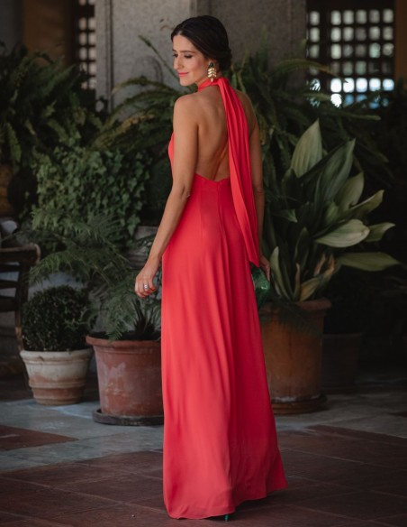 Long party dress with crossover halter neckline