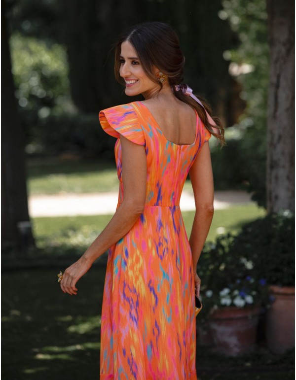 Vestido de invitada midi en lino estampado en naranja 2