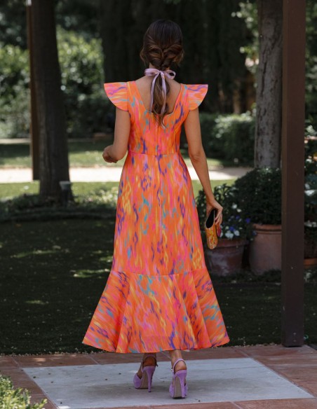 Robe d'invité midi en lin imprimé orange