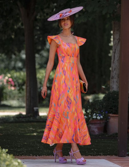 Robe d'invité midi en lin imprimé orange