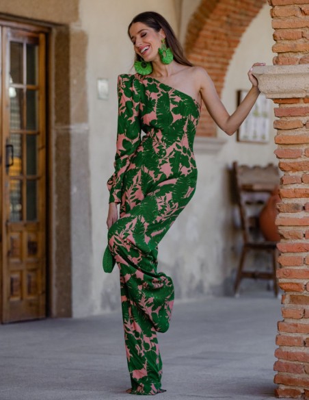 Combinaison de fête à imprimé fleuri avec manches bouffantes asymétriques