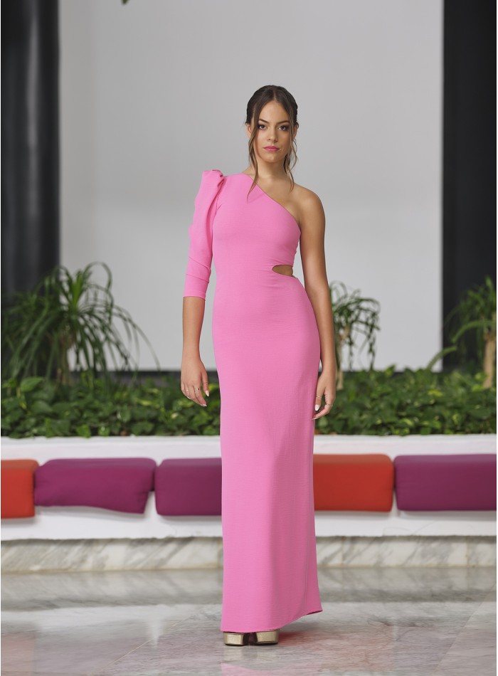 Long guest dress with asymmetrical neckline and opening