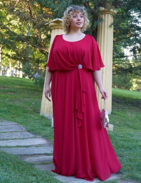 Long guest dress with brooch and cape