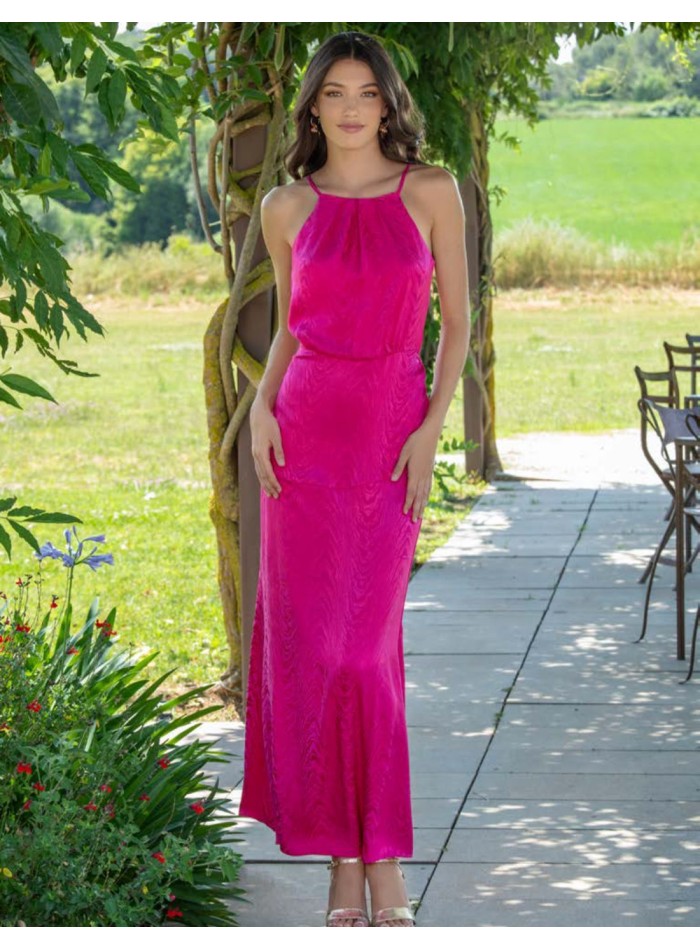 Robe d'invité midi en jaquard fuchsia avec bretelles spaghetti