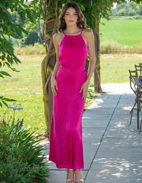 Fuchsia jaquard midi guest dress with spaghetti straps