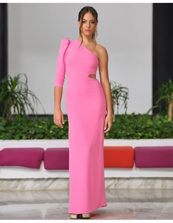 Long guest dress with asymmetrical neckline and opening