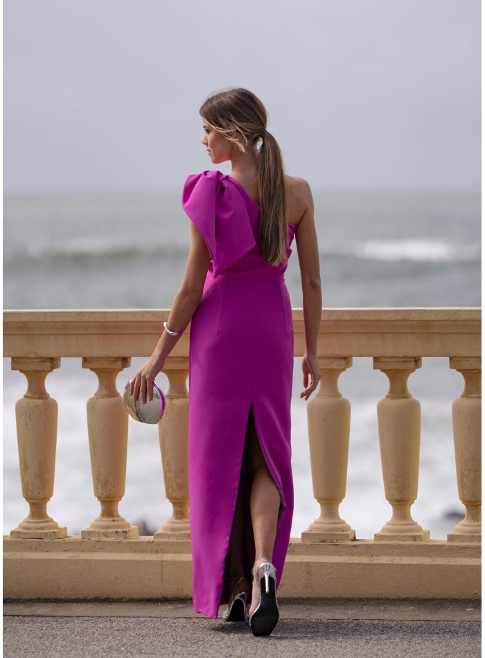 Fuchsia long guest dress with asymmetrical...