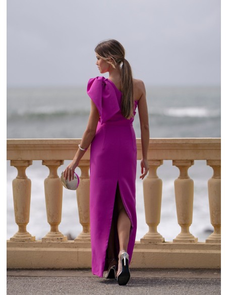 Fuchsia long guest dress with asymmetrical neckline and lacing