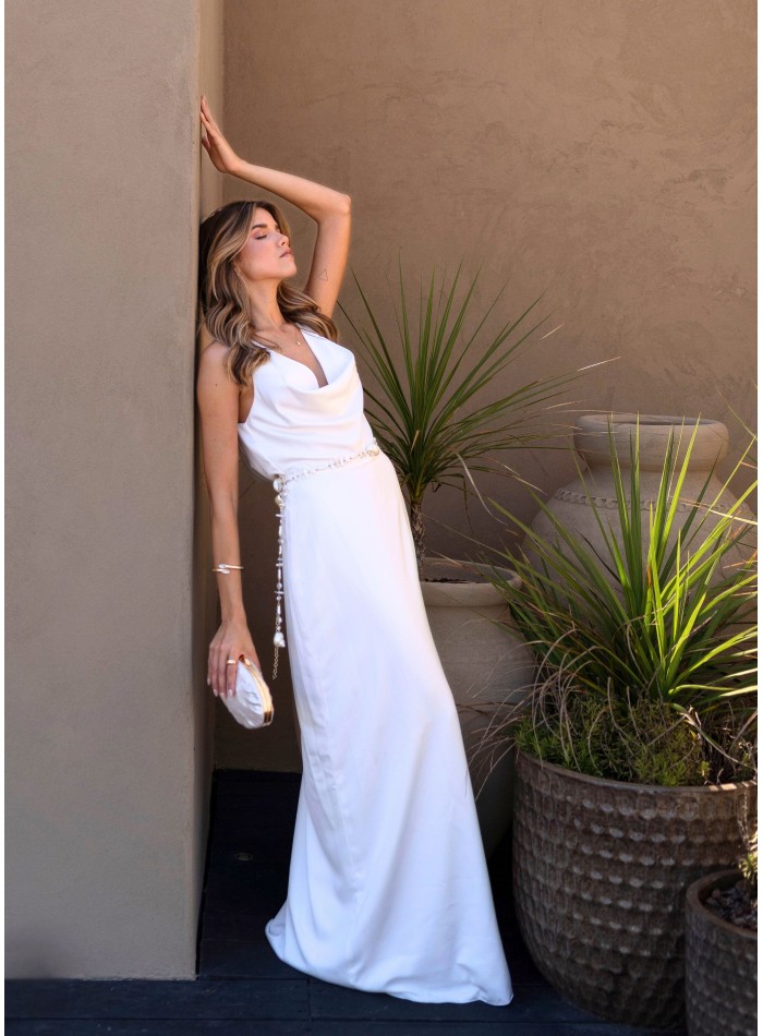 Long white dress with plunging neckline