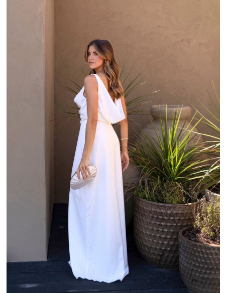 Long white dress with plunging neckline