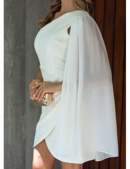 Short white dress with asymmetrical neckline and cape sleeves