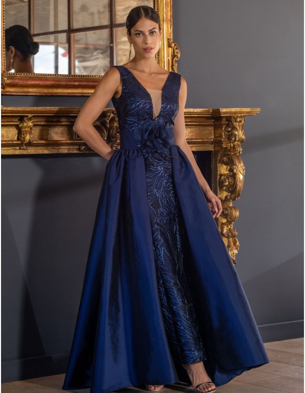 Robe longue d'invité en brocart bleu avec volant