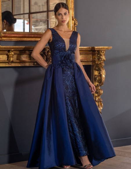 Long blue brocade dress with flounce