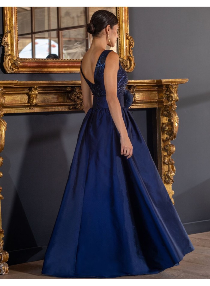 Long blue brocade dress with flounce