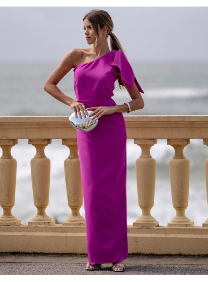 Fuchsia long guest dress with asymmetrical neckline and lacing