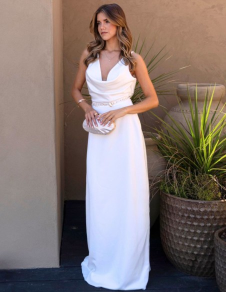 Vestido largo blanco con escote efecto caído