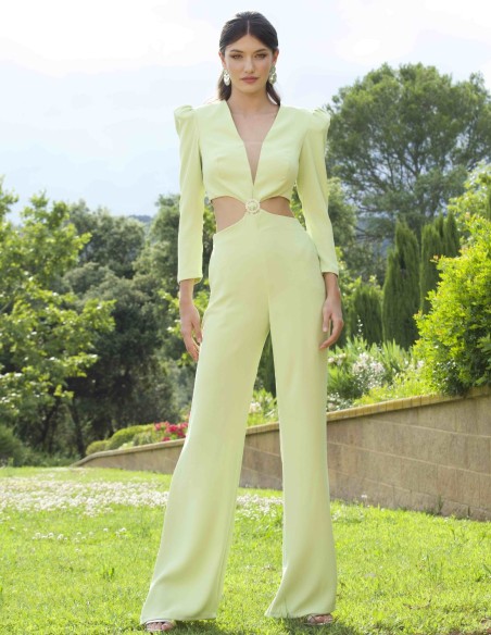 Long party jumpsuit with cut-out waist and jewel applique