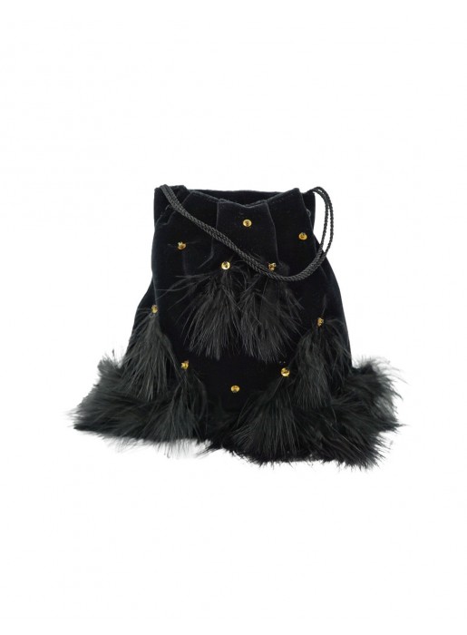 Black velvet handbag with feathers and sequins by Cala by Lilian