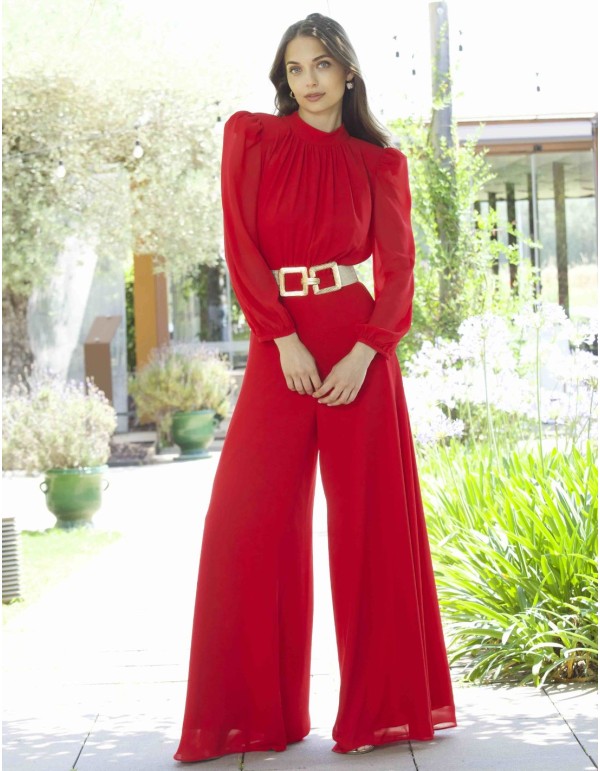 Long red guest jumpsuit with long sleeves and palazzo pants