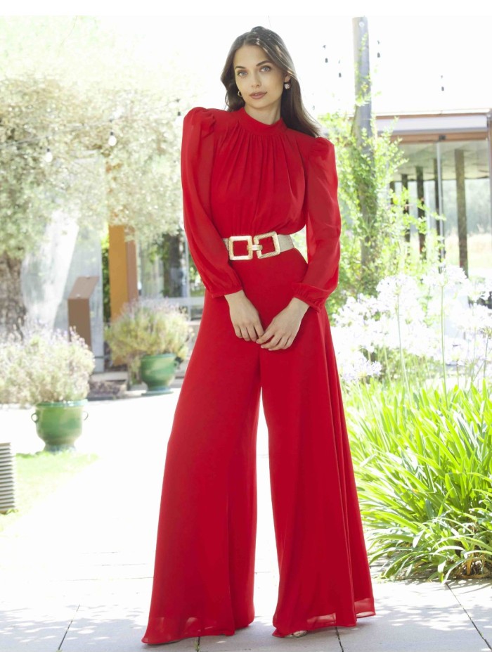 Long red guest jumpsuit with long sleeves and palazzo pants