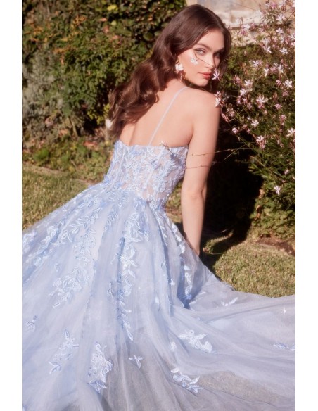 Long party dress with embroidered bodice and sky blue tulle skirt Long party dress with embroidered bodice and sky blue tulle skirt