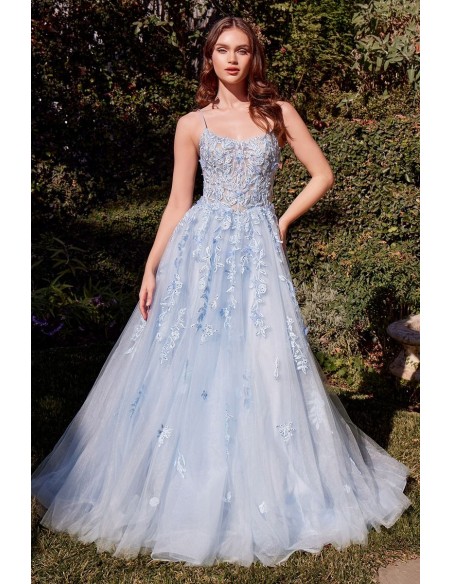 Long gown with embroidered bodice and sky blue tulle skirt Long gown with embroidered bodice and sky blue tulle skirt