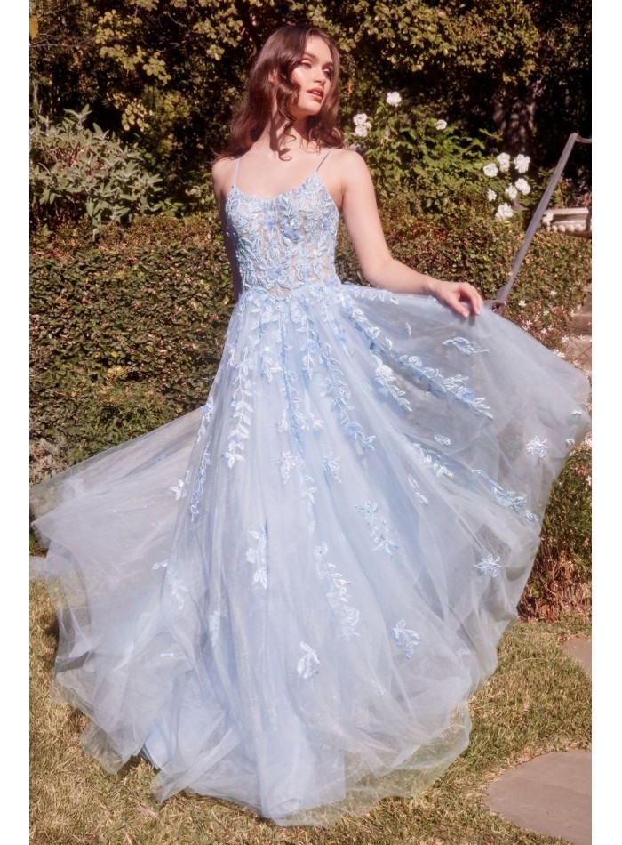 Robe de soirée longue avec corsage brodé et jupe en tulle bleu ciel-2
