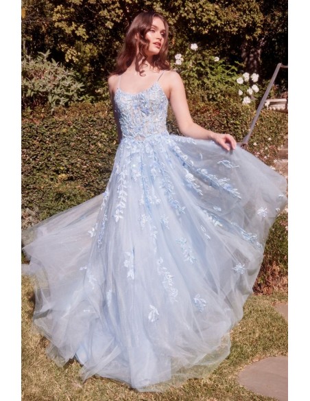 Long gown with embroidered bodice and sky blue tulle skirt