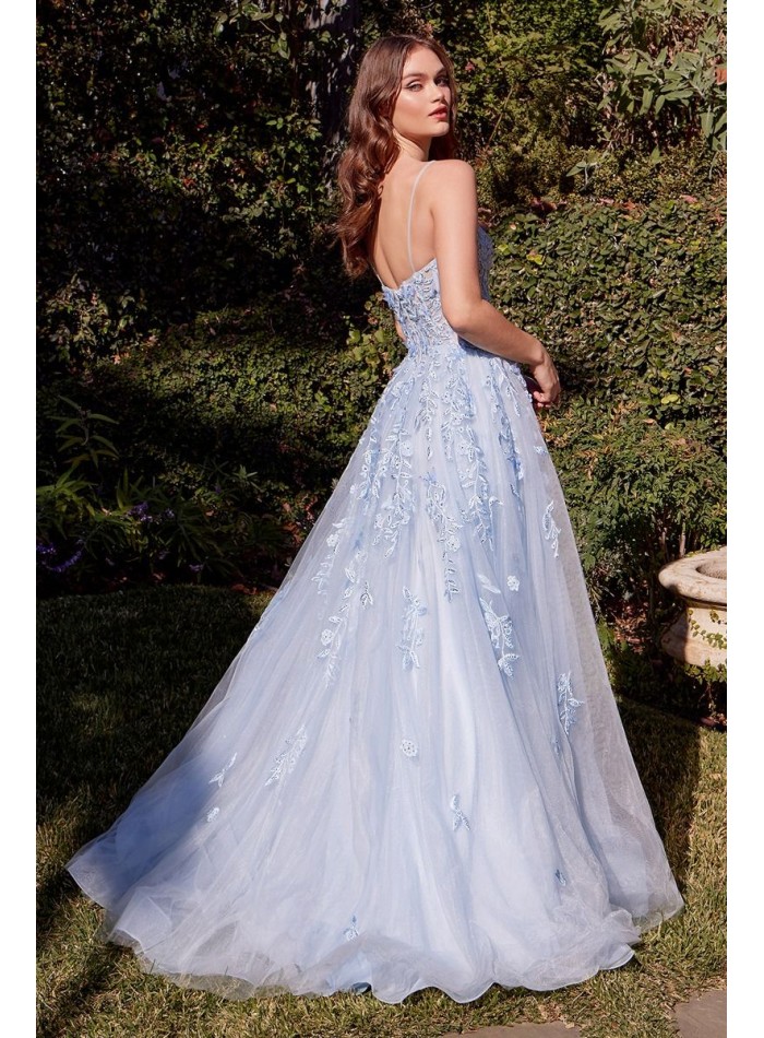 Robe de soirée longue avec corsage brodé et jupe en tulle bleu ciel