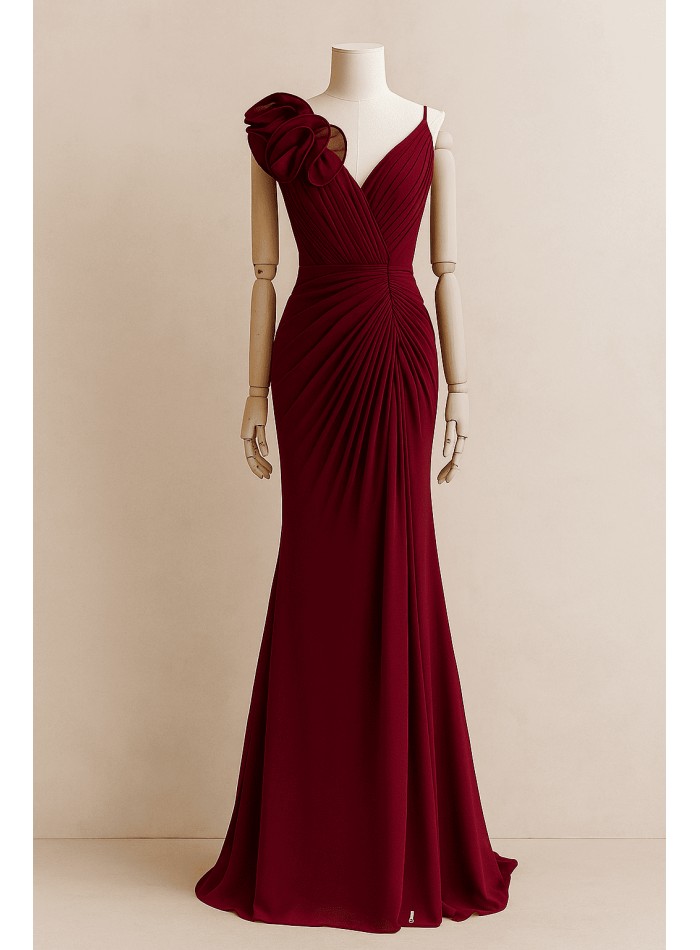 Long gown with V-neckline and flower detail on the strap