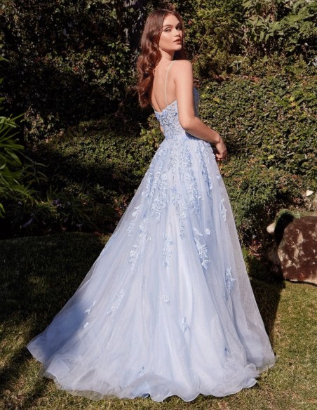 Long gown with embroidered bodice and sky blue tulle skirt Long gown with embroidered bodice and sky blue tulle skirt