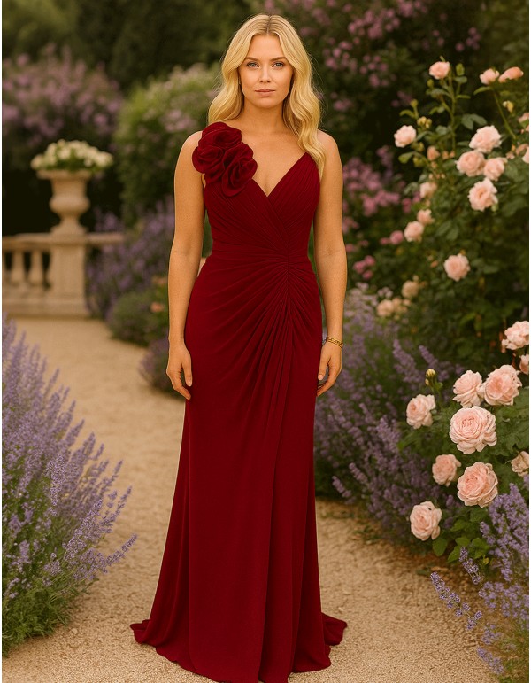 Vestido de fiesta largo con escote en pico y detalle de flor en el tirante