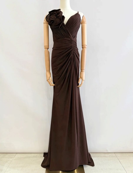 Long gown with slit and flower detail brown Long gown with slit and flower detail brown