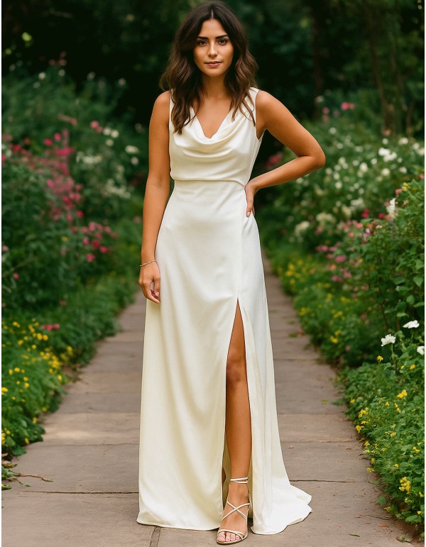 Long white satin gown with open back and slit