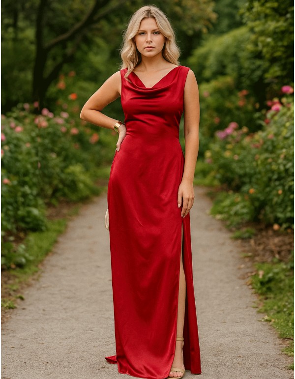 Vestido de invitada largo con tejido satinado y espalda abierta pistacho 2