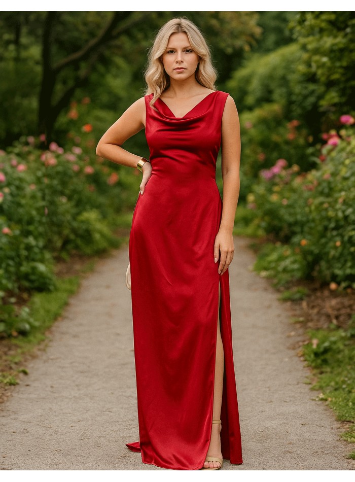 Vestido de invitada largo con tejido satinado y espalda abierta rojo
