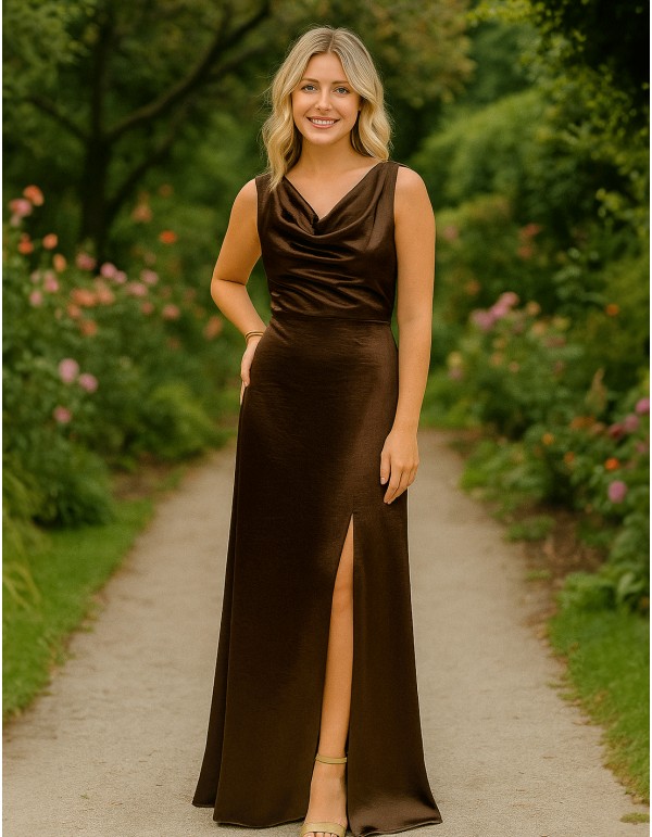 Vestido de invitada largo con tejido satinado y espalda abierta marron