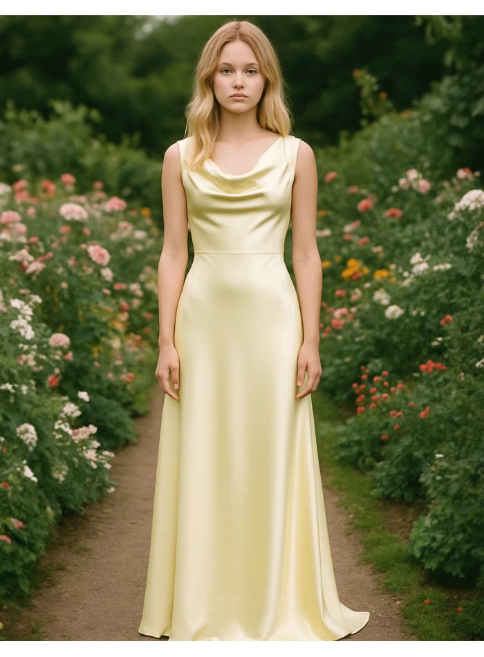 Long gown with satin fabric and open back yellow