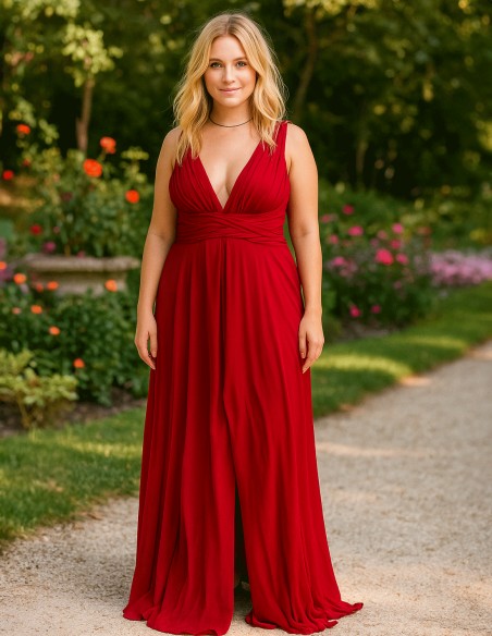 Vestido de fiesta largo con escote en pico fruncido talla grande