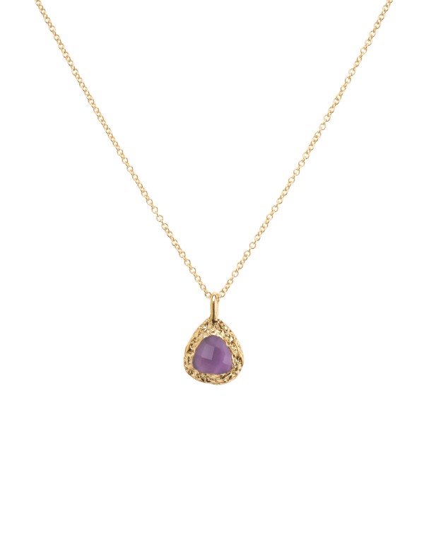 Long golden pendant with amethyst stone