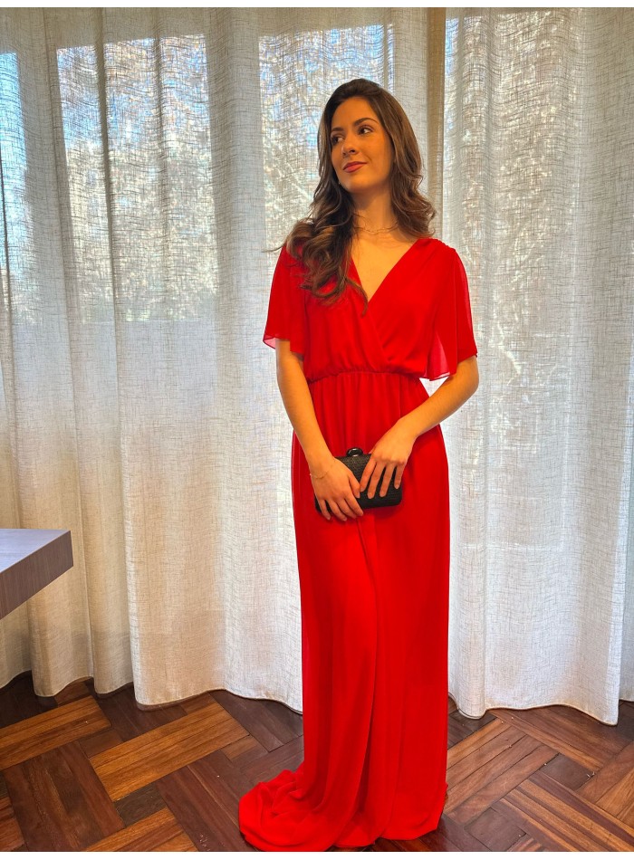 Vestido largo de invitada con manga corta y escote en V