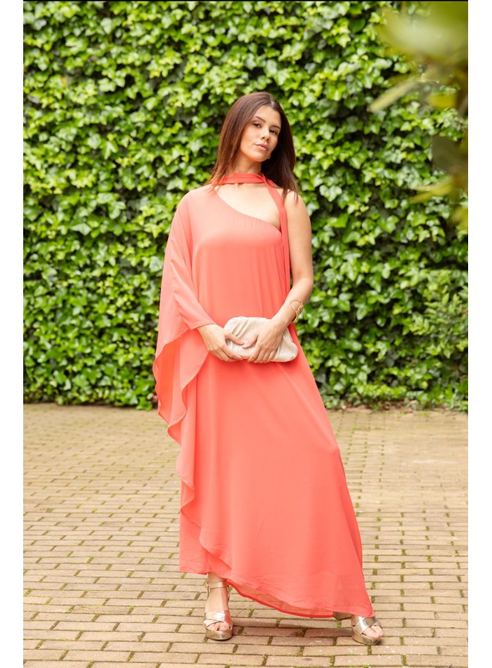 Long chiffon dress with asymmetrical neckline and neck tie