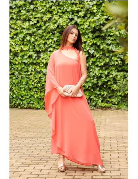 Long chiffon dress with asymmetrical neckline and neck tie