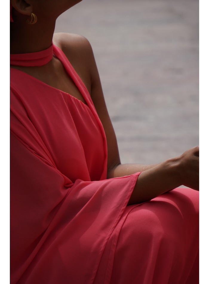 Vestido midi de gasa con escote asimétrico y...