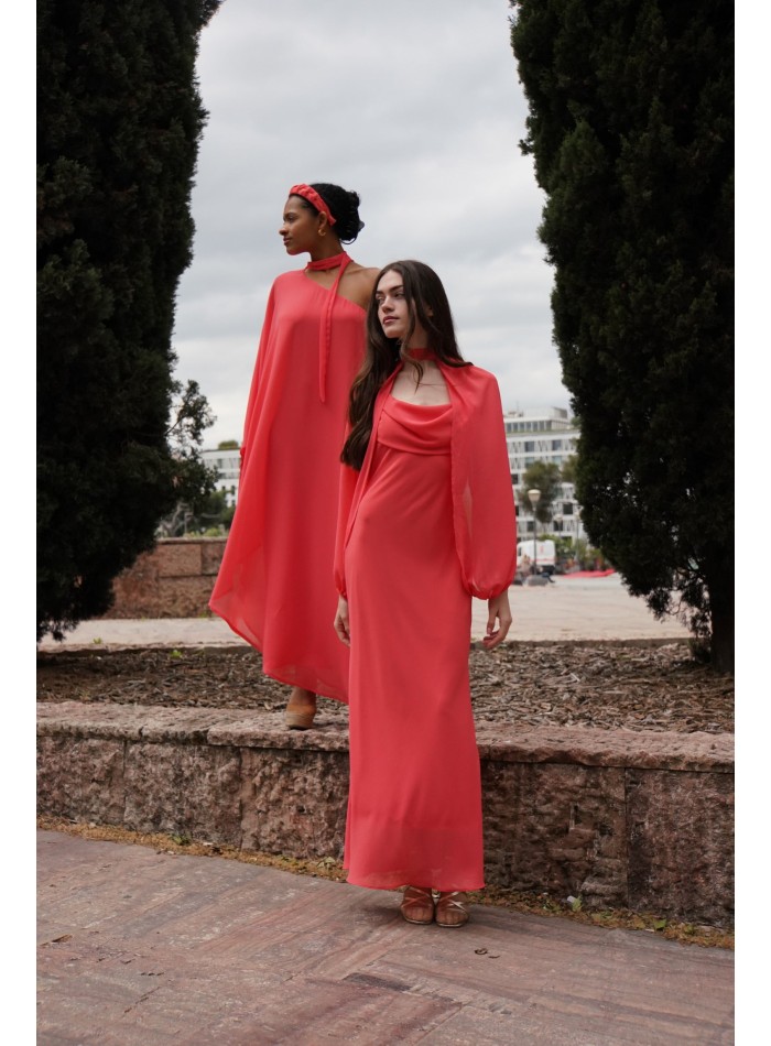 Long chiffon dress with asymmetrical neckline...