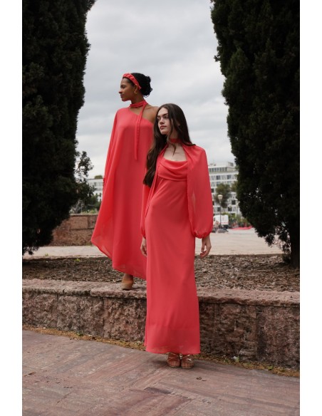 Long chiffon dress with asymmetrical neckline and neck tie