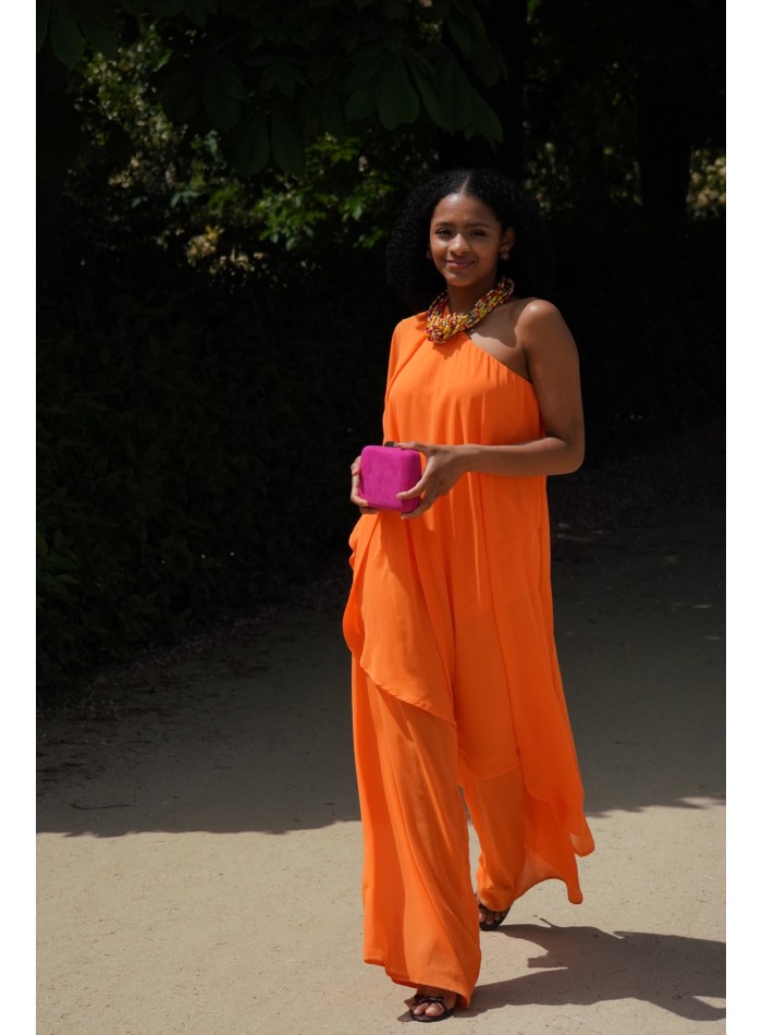 Off-shoulder party jumpsuit with chiffon fabric