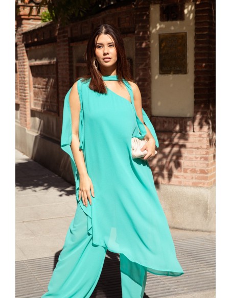 Guest gauze jumpsuit with one sleeve and neck tie