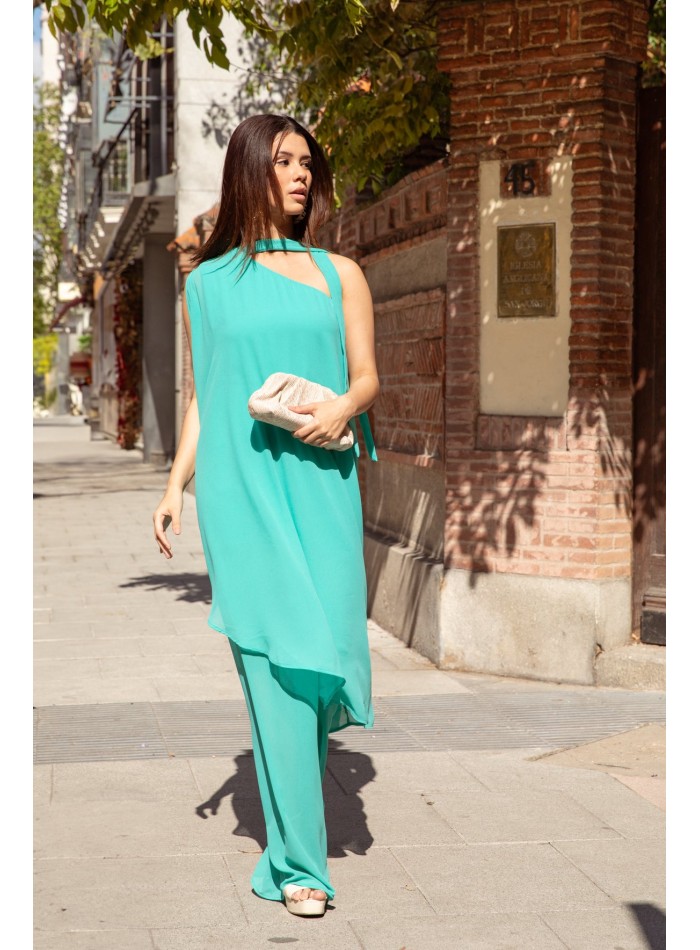 Guest gauze jumpsuit with one sleeve and neck tie