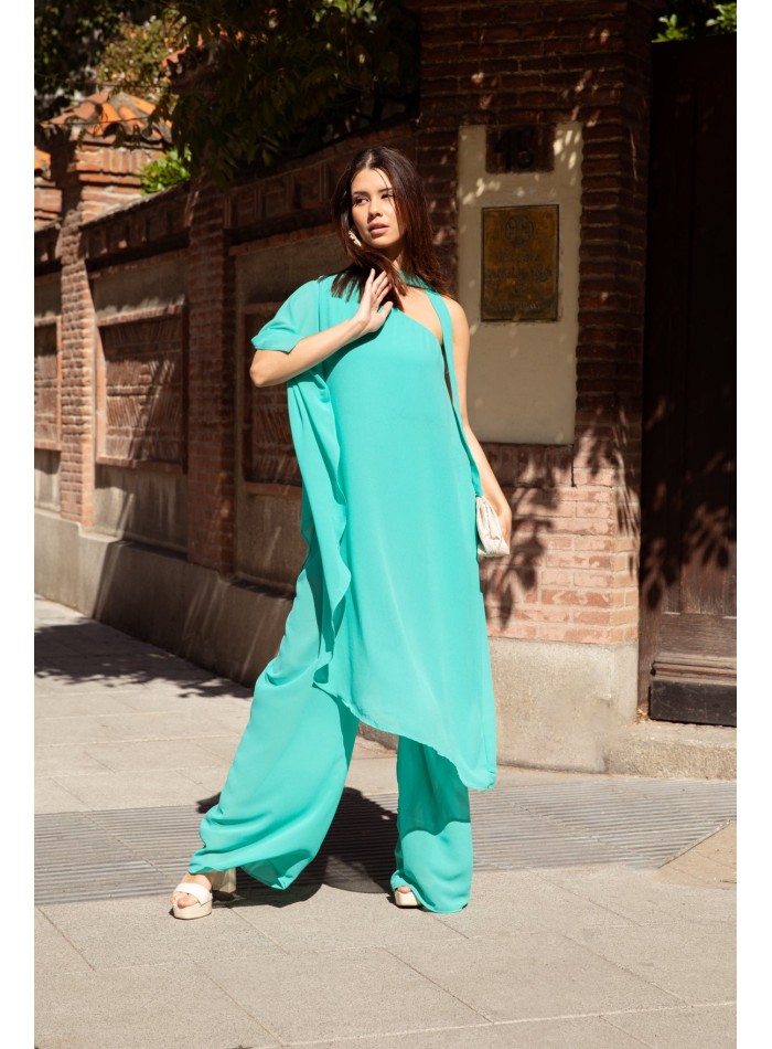 Mono para invitada en gasa con una manga y lazada al cuello